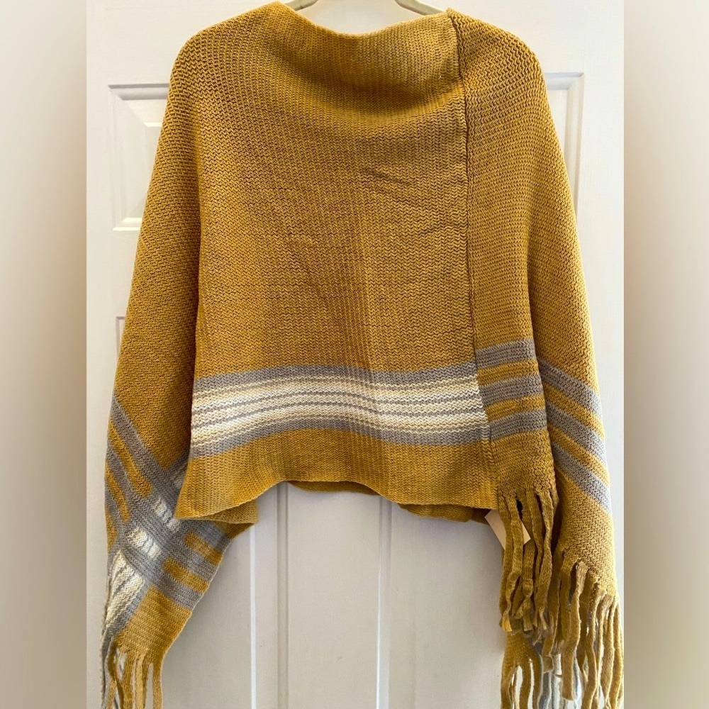 New L.I.B. Mustard / Golden & Gray Poncho with fringe - one size